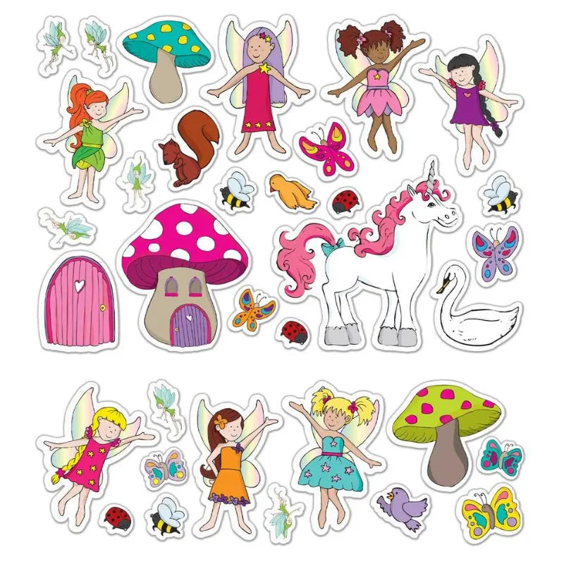 The Fiesta Crafts Stickabouts Fairies set includes colorful stickers of fairies in bright dresses with wings, a unicorn, swan, polka-dot mushrooms, butterflies, bees, and a squirrel. Create your own portable fairyland with whimsical doors for endless adventures.