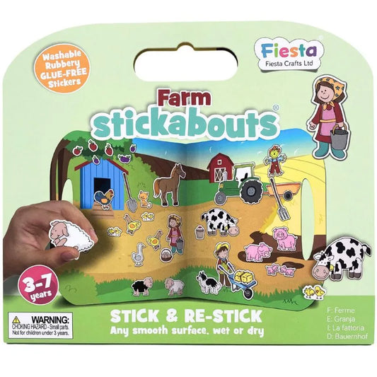 The Fiesta Crafts Stickabouts Farm features colorful packaging for kids aged 3-7, showcasing farm animals like cows, pigs, and sheep, a barn, and reusable stickers. These washable, glue-free stick-and-re-stick stickers offer endless farm-themed fun.