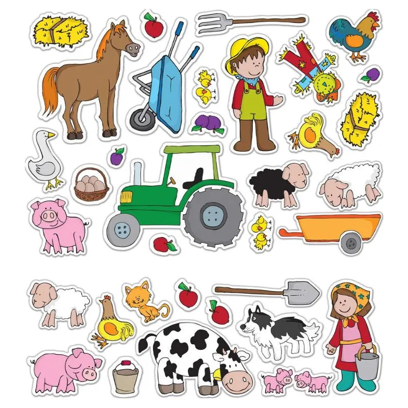 The Fiesta Crafts Stickabouts Farm offers a vibrant set of glue-free, reusable farm-themed stickers showcasing a farmer, cows, pigs, sheep, a horse, chickens, farming tools like a tractor and barn, plus produce like apples and hay bales to bring countryside charm to life.