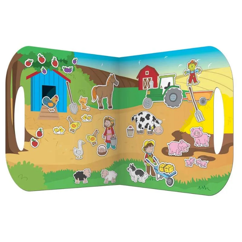 Fiesta Crafts Stickabouts Farm brings a vibrant illustrated farm scene to life with reusable stickers of a barn, horse, tractor, cows, pigs, and chickens. Kids joyfully interact with animals and chores while apples and other items enhance the enchanting experience.