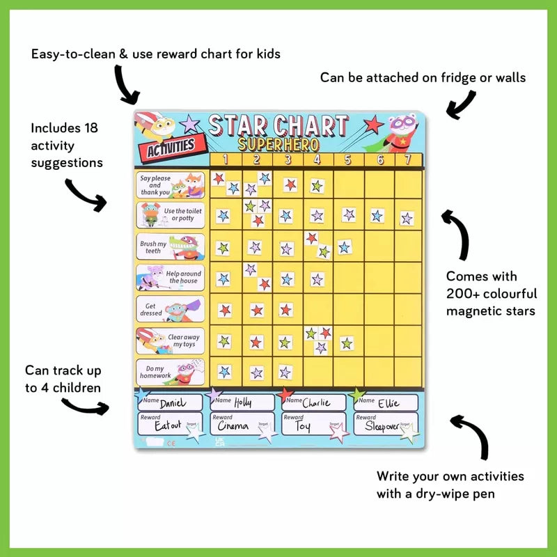 An interactive Fiesta Crafts Star Chart Large Superhero designed for children, providing clear instructions on how to use it.