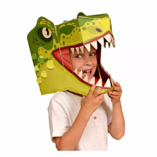 A child wearing a T-Rex 3D mask with a large alligator's mouth.