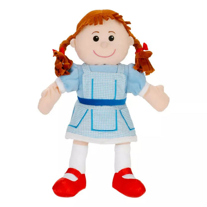 A Fiesta Crafts Wizard of Oz Puppet Set with a blue dress and red shoes.