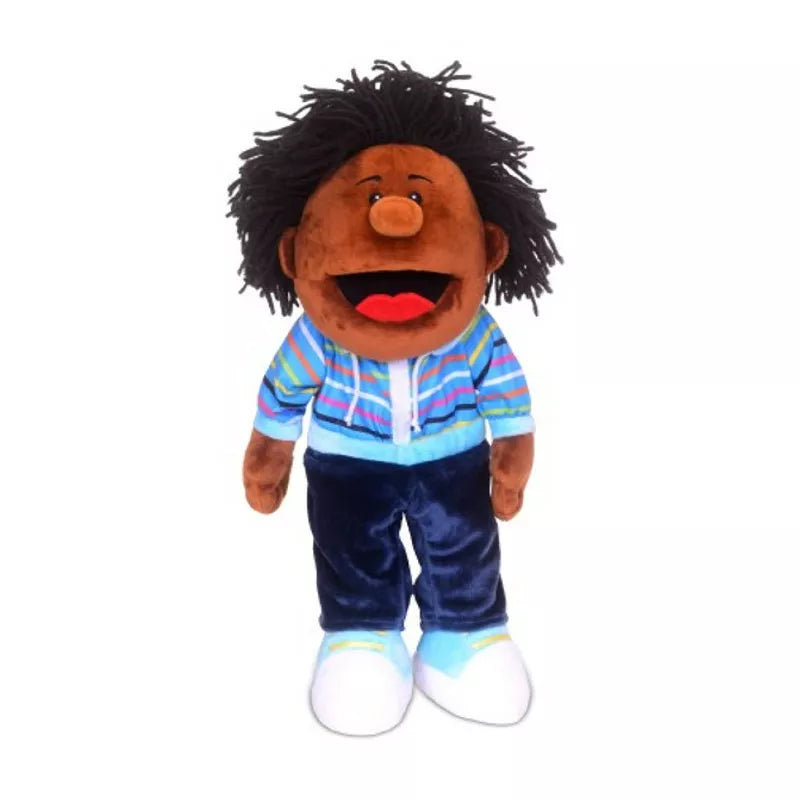 a Fiesta Crafts Black Boy Mouth Moving Hand Puppet with a striped shirt and blue pants.