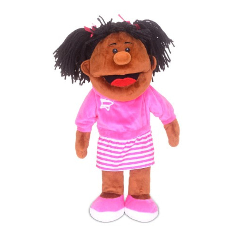 a Fiesta Crafts Black Girl Mouth Moving Hand Puppet with a pink shirt.