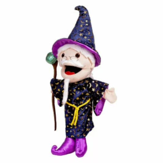 A Fiesta Crafts Wizard Hand Puppet dressed as a wizard holding a wand.