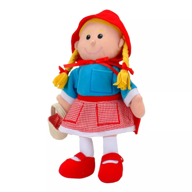 A Fiesta Crafts Little Red Riding Hood Puppet Set with a red hat and dress.