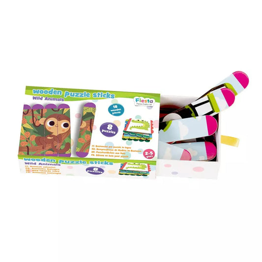 A package of Fiesta Crafts Puzzle Sticks Wild Animals in a box.