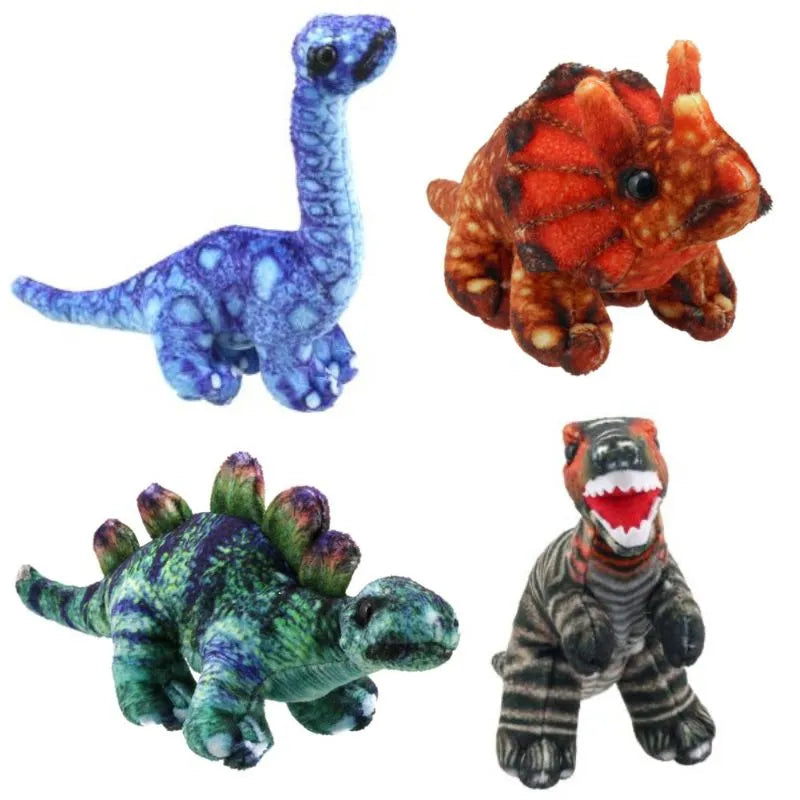 The Dinosaurs Finger Puppets Pack of 4 features four plush dinosaur toys: a blue Brachiosaurus in the top left, an orange Triceratops in the top right, a green Stegosaurus in the bottom left, and a grey Tyrannosaurus rex with an open mouth in the bottom right. Perfect for children's toys or as dinosaur finger puppets, each one showcases soft, textured fabric.