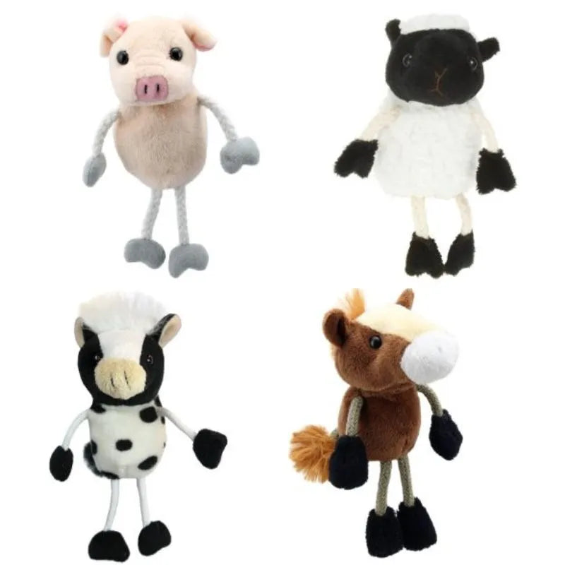 Four farm finger puppets against a white background. The set includes a pig with pink ears and snout, a sheep with a white body and black face, a cow with black spots, and a brown horse with a mane and tail. Each children's puppet features long legs and arms. Introducing the Farm Finger Puppets Pack of 4!