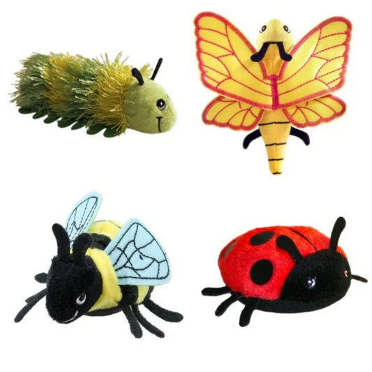 Four plush toy bugs from the Garden Finger Puppets Pack of 4 are displayed against a plain background. This set includes a green and yellow caterpillar, a yellow butterfly with orange wings, a black and yellow bee with light blue wings, and a red ladybug with black spots. These finger puppets are great for imaginative play and vocabulary building!