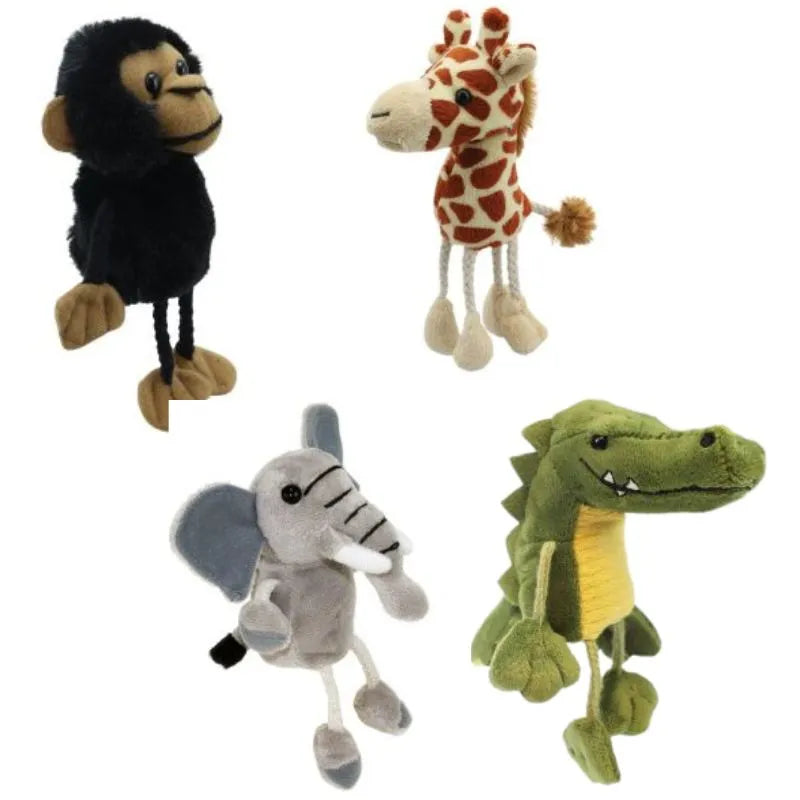 The **Jungle Finger Puppets Pack of 4** includes four adorable plush jungle animals set against a white background: a black monkey with beige hands and face, a brown and beige giraffe with a short mane, a gray elephant with large ears and tusks, and a green crocodile with a yellow belly. These are perfect for use as finger puppets or children's toys.