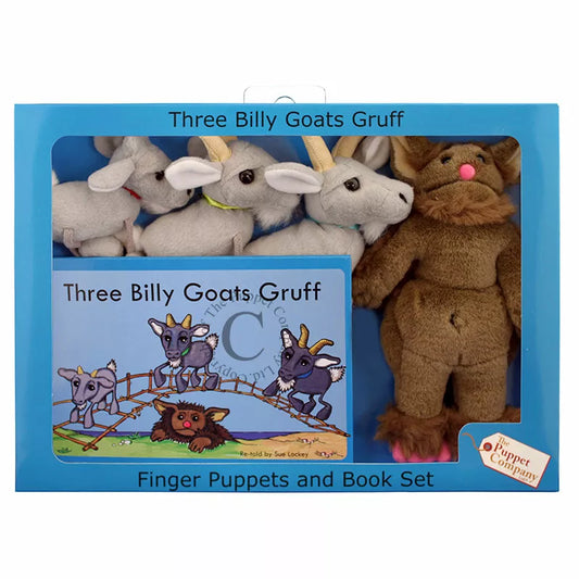 A grenn boxed set with Three Billy Goats Gruff as finger puppets and a book.The box has a see-through cover to show the puppets and the book.