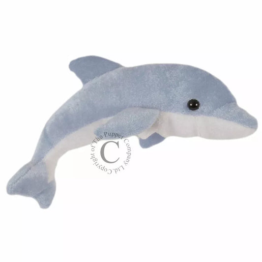The Puppet Company Dolphin Finger Puppet on a white background, perfect for children.