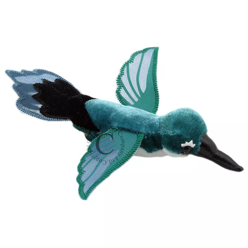 A Finger Puppet Hummingbird Green, sized for children or adults’ fingers. Soft padded body, with realistic colours.