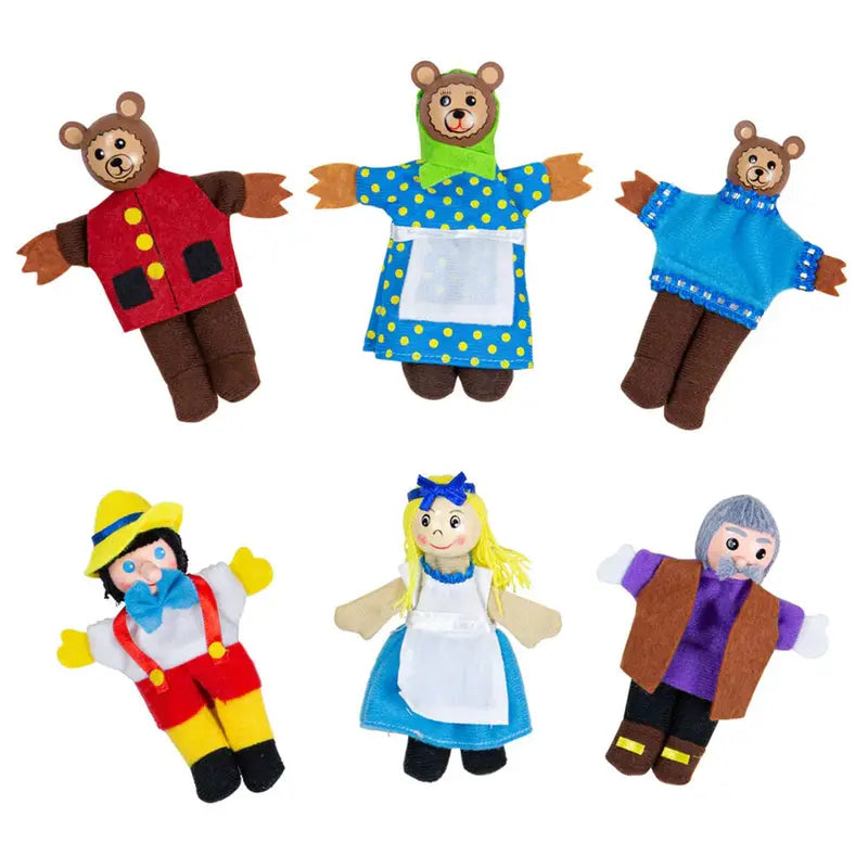 The Finger Puppets Set – Goldilocks includes six colorful puppets: three bears in outfits, Goldilocks in a blue dress, an elder in a brown vest, and a yellow-hatted character—ideal for creative play or storytelling.