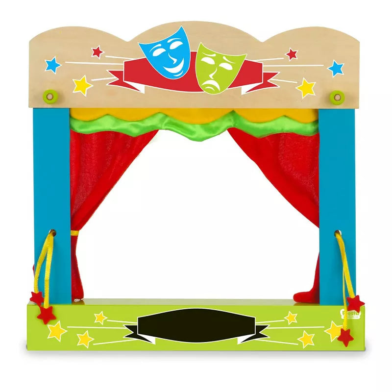 a Fiesta Crafts Carry Case Finger Puppet Theatre with a red curtain.