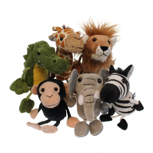 A set of 6 African Animals Finger Puppets , a Crocodile, Giraffe, Lion, Chimp, Elephant and a stripey Zebra. Sized for children or adults’ fingers with a soft padded body.