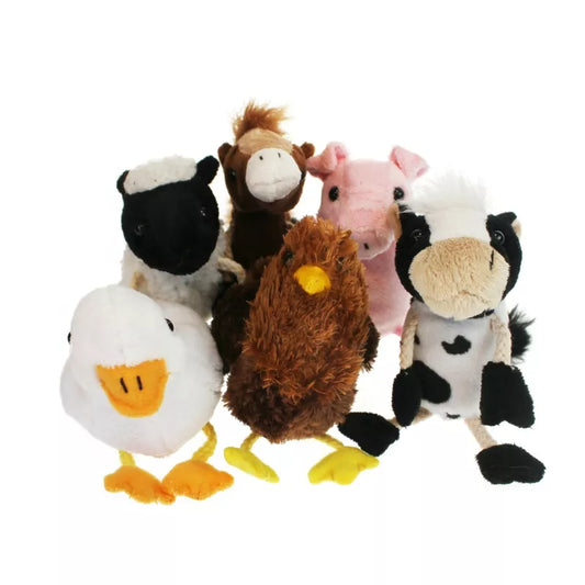 A set of 6 Farm Animals Finger Puppets, a White Sheep, Horse, Pig, Duck, Hen and a Cow. Sized for children or adults’ fingers with a soft padded body.