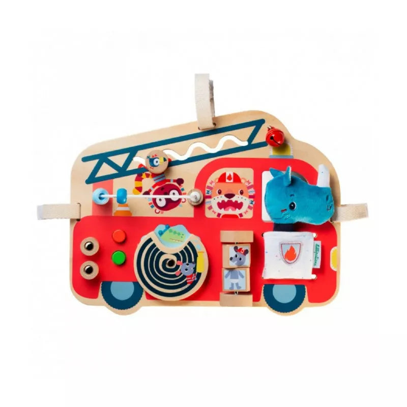 A Lilliputiens Fire Engine Activities Toy with animals on it.