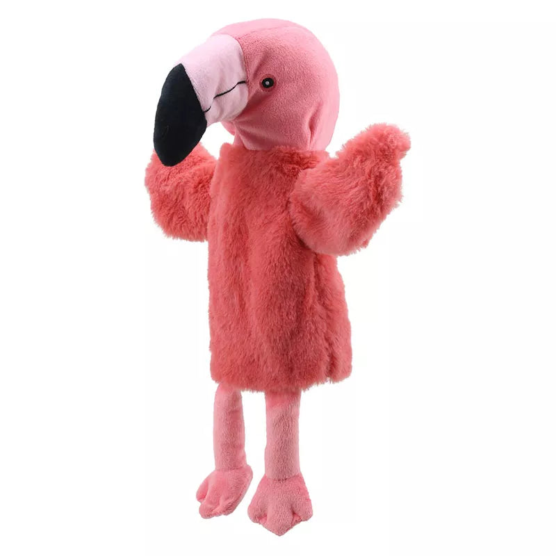 An ECO Puppet Buddies Flamingo Hand Puppet is standing on a white background.