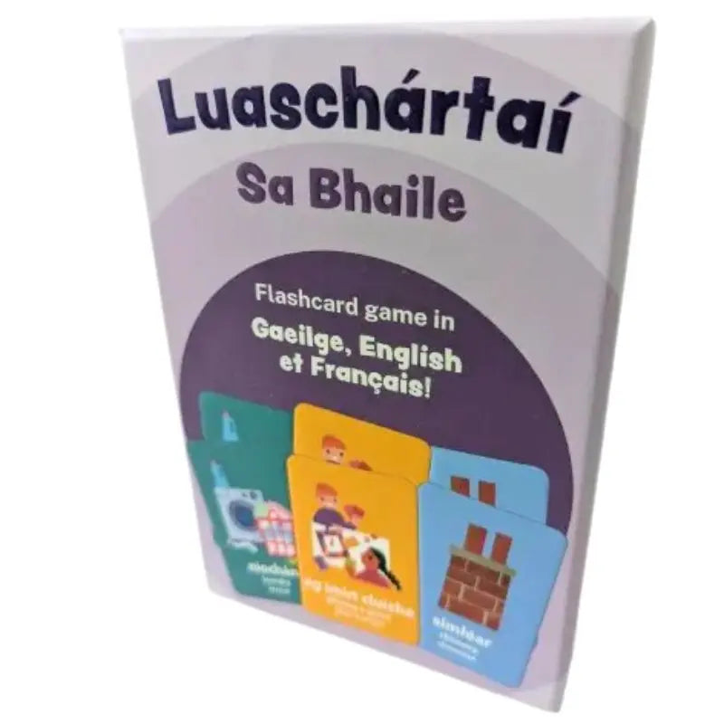 Luaschártaí - Sa Bhaile: A box of colorful, illustrated trilingual (Irish, English, French) flashcards with home-themed words. Fun for all ages to learn languages!.