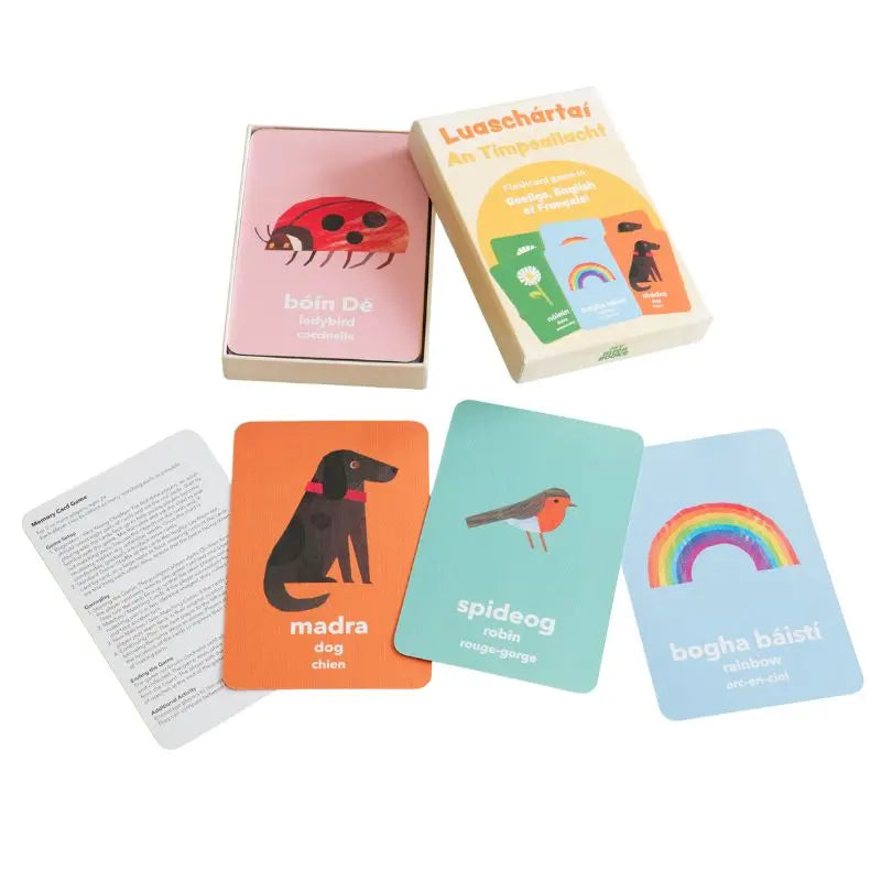 A set of Irish language flashcards called "Luaschártaí - An Timpeallacht," featuring colorful illustrations such as a ladybird, dog, robin, and rainbow, spread out next to an open box. Perfect for early language learning.