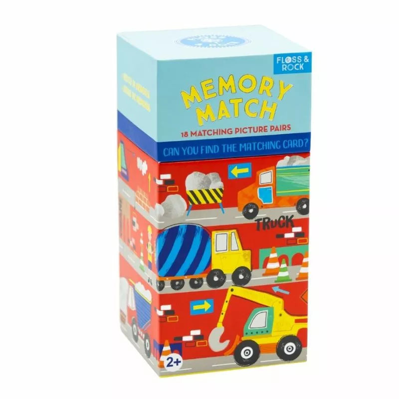 A Floss & Rock Memory Match Construction box with a picture of trucks and trucks on it.
