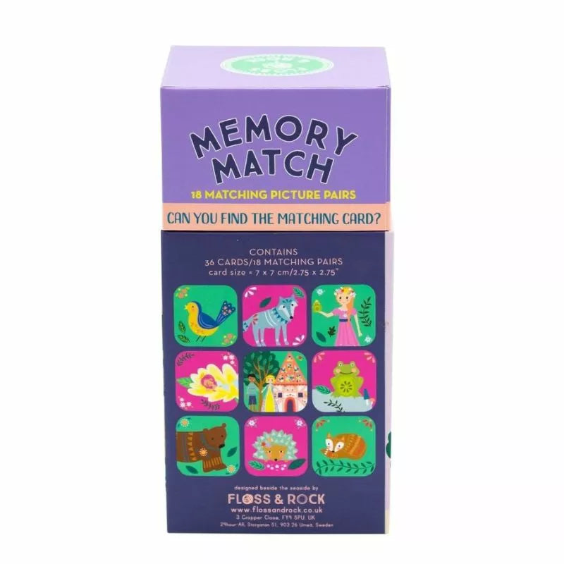A box of Floss & Rock Memory Match Fairy Tale cards with animals on them.