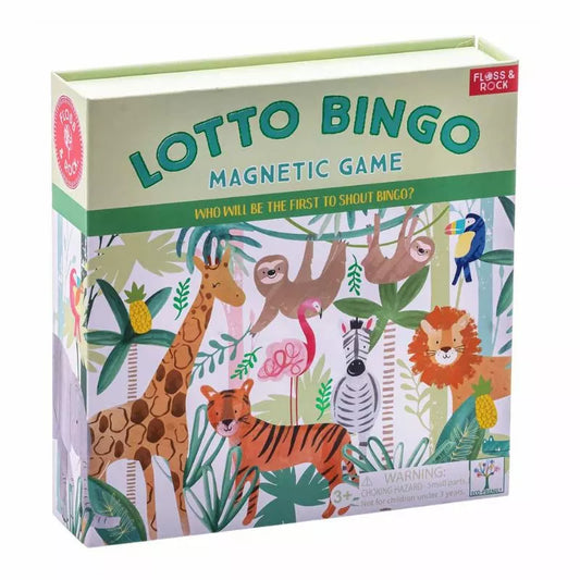 A box of Floss & Rock Magnetic Lotto Bingo Jungle with a picture of animals on it.
