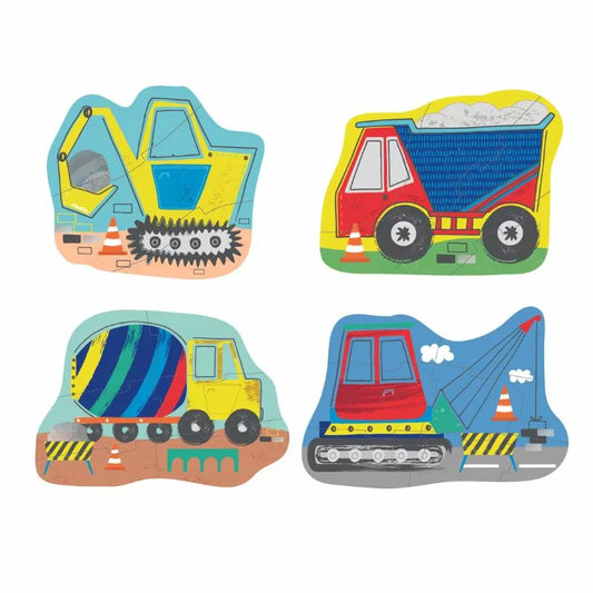 A set of Floss & Rock First Puzzle Construction depicting construction vehicles.