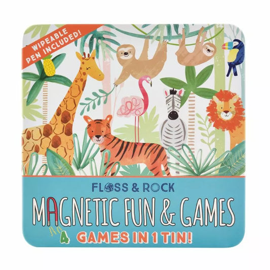 A Floss & Rock Magnetic Fun & Games Jungle tin box with a picture of animals on it.