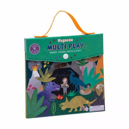 A Floss & Rock Magnetic Multi Play Dino bag with a picture of a girl and dinosaurs on it.