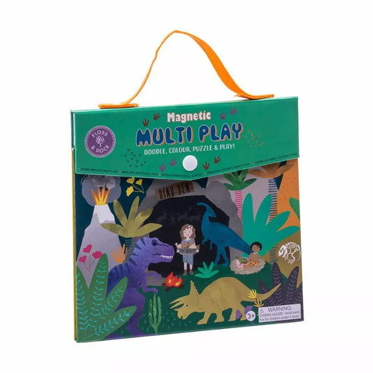A Floss & Rock Magnetic Multi Play Dino bag with a picture of a girl and dinosaurs on it.