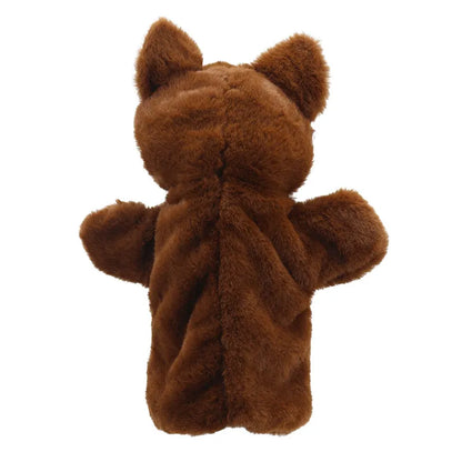 A plush brown ECO Puppet Buddies Fox Hand Puppet viewed from the back, showing its stitched back seam and soft, fluffy ears, now part of a puppet collection.