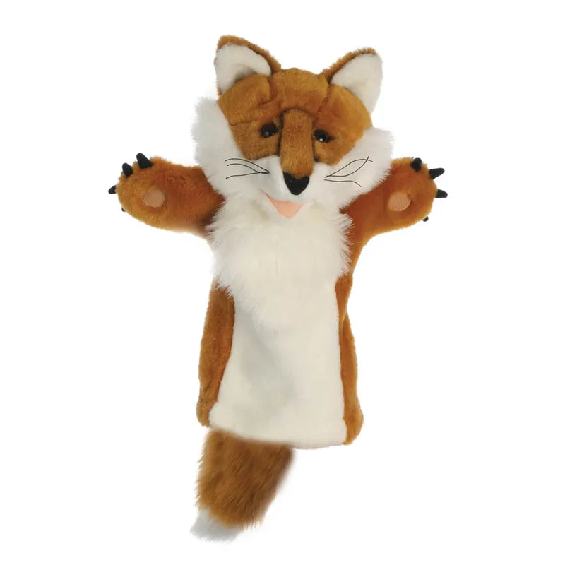 The Puppet Company Long Sleeved Puppet Fox is an enchanting toy hand puppet, featuring a white belly, bushy tail, and reddish-brown fur. Its black-tipped ears and paws highlight its cheerful expression, while the puppet's raised arms enhance its playful appearance.