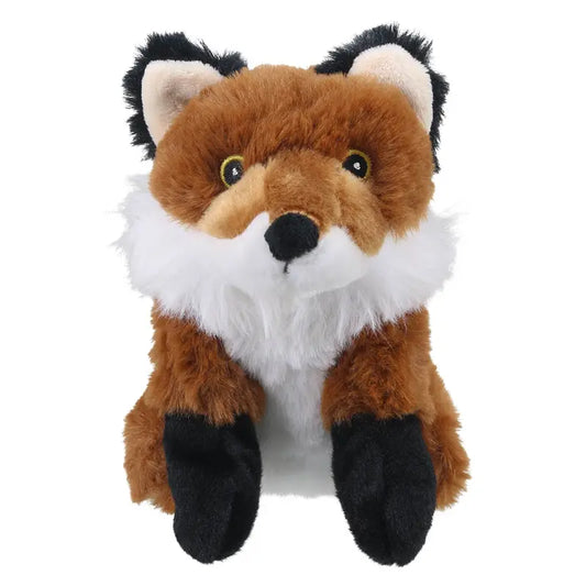 The Wilberry Eco Mini Fox is a mini plush toy with brown fur, black ears and legs, a white chest, and a fluffy tail. Sitting upright and facing forward, it’s made from eco-friendly recycled materials.