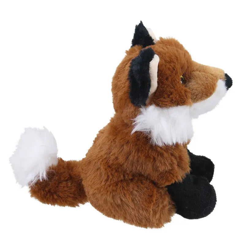 The Wilberry Eco Mini Fox is a mini soft plush made from recycled materials, shown in a charming side profile with black ears and legs, a white-tipped tail, and a white ruff around its neck.