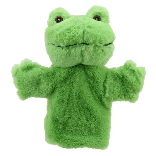 A plush, green ECO Puppet Buddies Frog Hand Puppet made from recycled materials, featuring a smiling face and outstretched arms, isolated against a white background.
