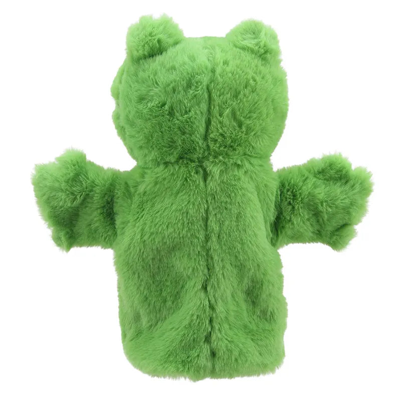 Bright green plush ECO Puppet Buddies Frog Hand Puppet with arms outstretched, viewed from the back against a white background.