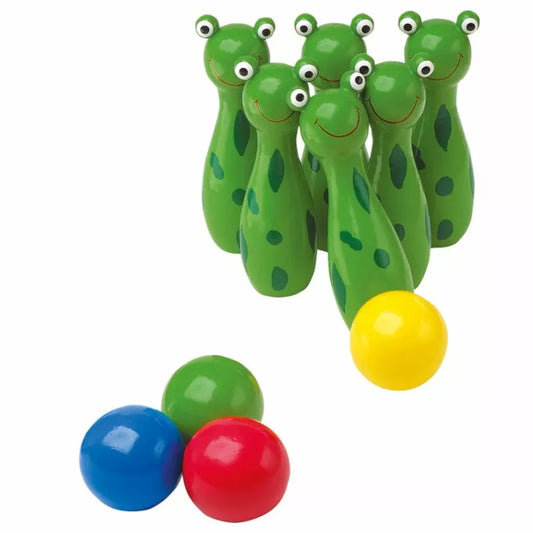 Six green Skittles Frog with smiling faces and three colorful balls on a white background.