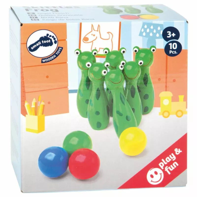 A colorful Skittles Frog set featuring a group of green frogs and multicolored balls, designed for children 3 years and older to encourage active play and fun.