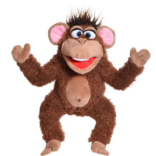 Fuzius the Monkey Hand Puppet is a brown, fluffy puppet with big eyes, pink ears, an open red mouth, and raised arms—its playful expression makes it perfect for bringing stories to life.