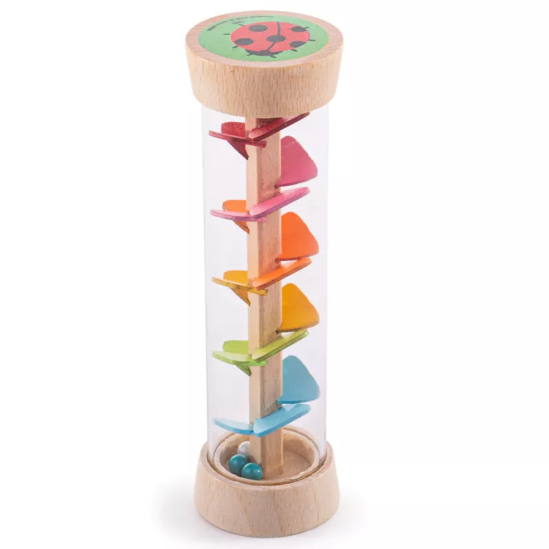 The Bigjigs Garden Rainmaker is a sensory toy made of wood, featuring colorful shapes within it.