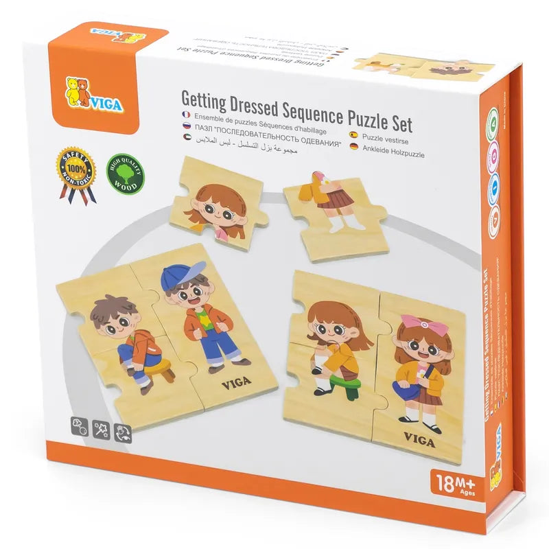 The "Getting Dressed Sequence Puzzle Set" by Viga is a 28-piece educational toy showcasing illustrations of children in different outfits. Suitable for ages 18 months and older, it includes multilingual text and safety certification logos, making it an ideal wooden game for early learning fun.