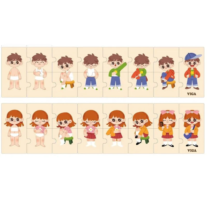 The Getting Dressed Sequence Puzzle Set is an educational toy consisting of a 28-piece puzzle with wooden pieces that feature a boy and girl dressing up. The sequence starts with underwear and progresses to being fully dressed, complete with charming accessories such as the boy's hat and the girl's bow.