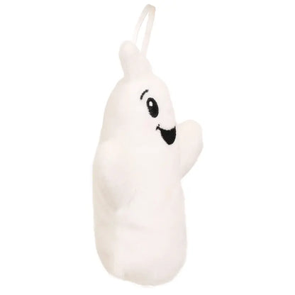 The Ghost Finger Puppet Decoration is a plush toy shaped like a cheerful white ghost with black eyes, a smiling mouth, and a small hanging loop on top. Ideal for use as a Christmas tree ornament or for imaginative play, this ghost is designed facing slightly to the right.