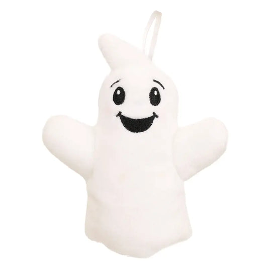 Introducing the Ghost Finger Puppet Decoration: a plush white ghost toy featuring a happy face, black eyes, a big smile, and a fabric loop on top for easy hanging—perfect for adding charm to your Christmas tree or inspiring imaginative play as an adorable Christmas finger puppet.