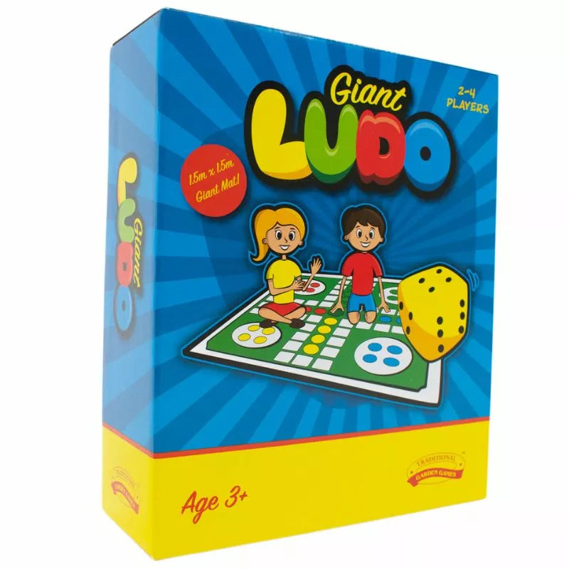 Box of "Giant Ludo 1.5m x 1.5m" board game featuring an illustrated cartoon boy and girl playing the game, with a large yellow die on the cover. Colorful packaging indicates it is suitable