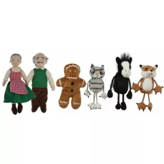 A finger puppets set representing The Gingerbread Man Story with Grandma, Granddad, a cat, a horse and a fox. With full padded bodies.